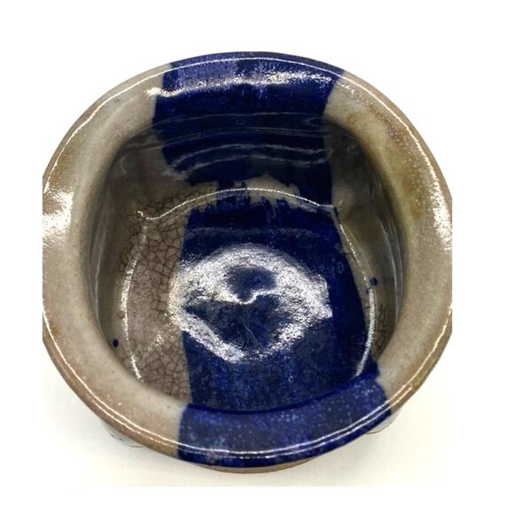 Unique Studio pottery planter Blue and‎ tan MCM pottery Vintage handmade - Picture 3 of 7